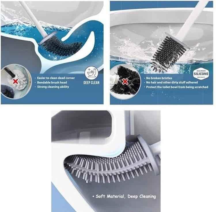 Silicone toilet brush set with bendable head for deep cleaning and no bristles shedding
