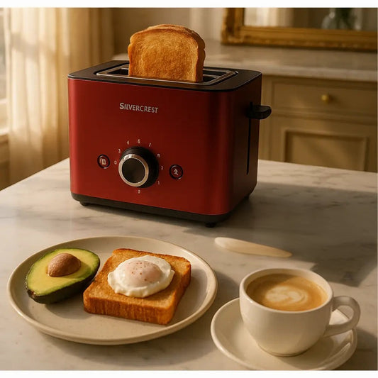 SilverCrest 2-slice toaster in red with toasted bread on a kitchen countertop beside breakfast plate and coffee cup