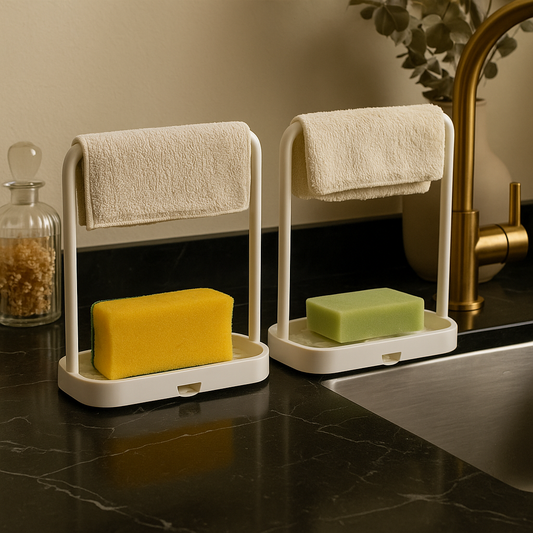 White dual sponge holder for sink with towel rack and drainage tray on black marble counter