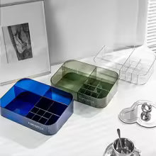 Clarify.pk cosmetics storage box set with blue, green, and clear makeup storage basket for dressing table