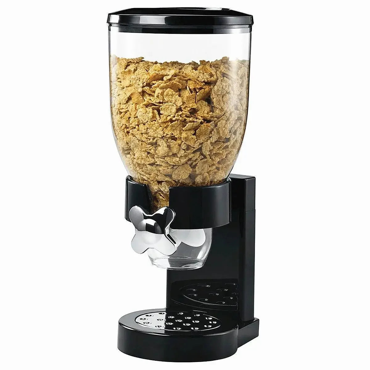 Clarify.pk cereal dispenser for kitchen with black base and clear container filled with cereal flakes