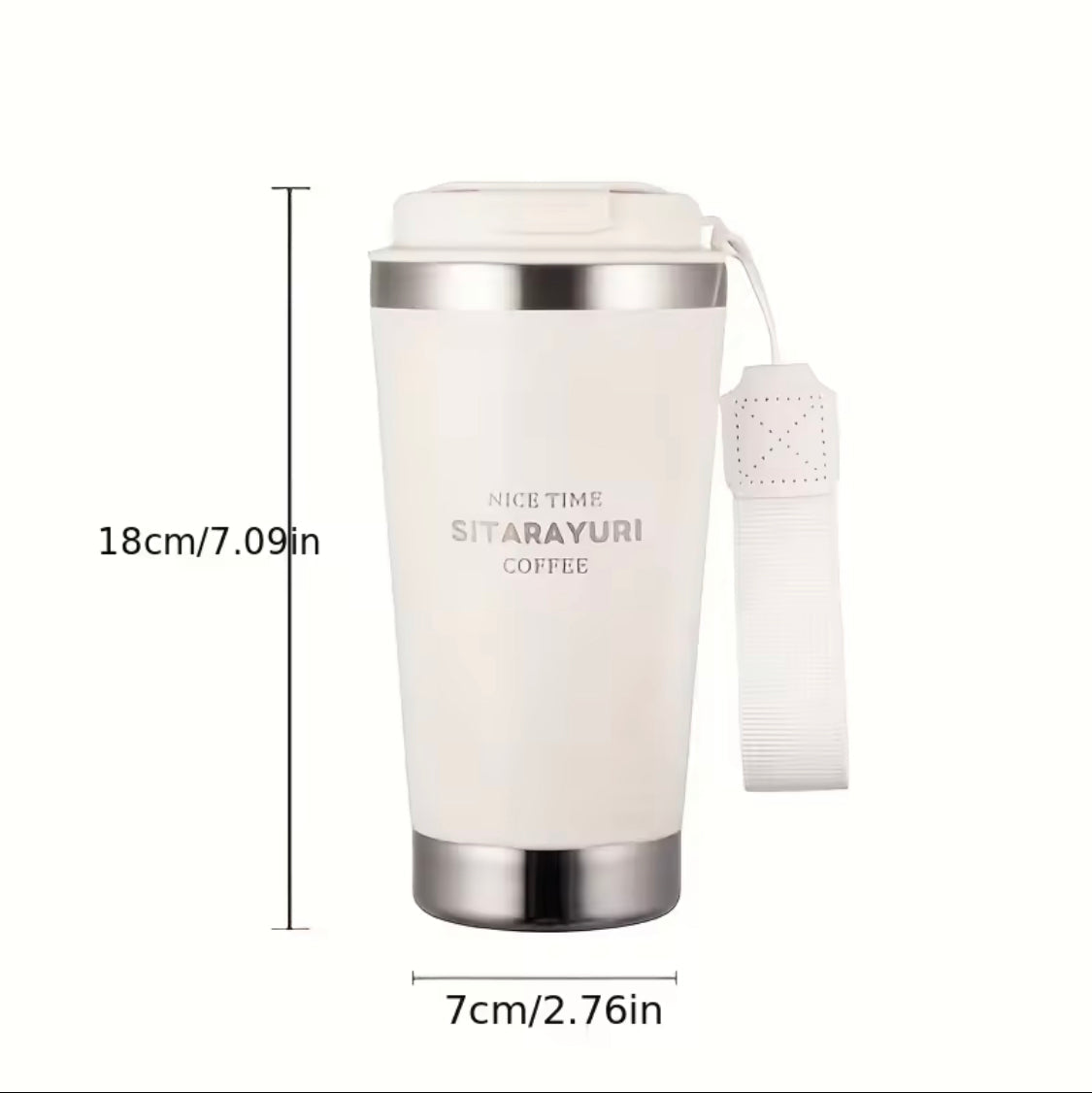 White 500ml hot and cold water bottle with strap by Clarify.pk, 18cm tall and 7cm wide