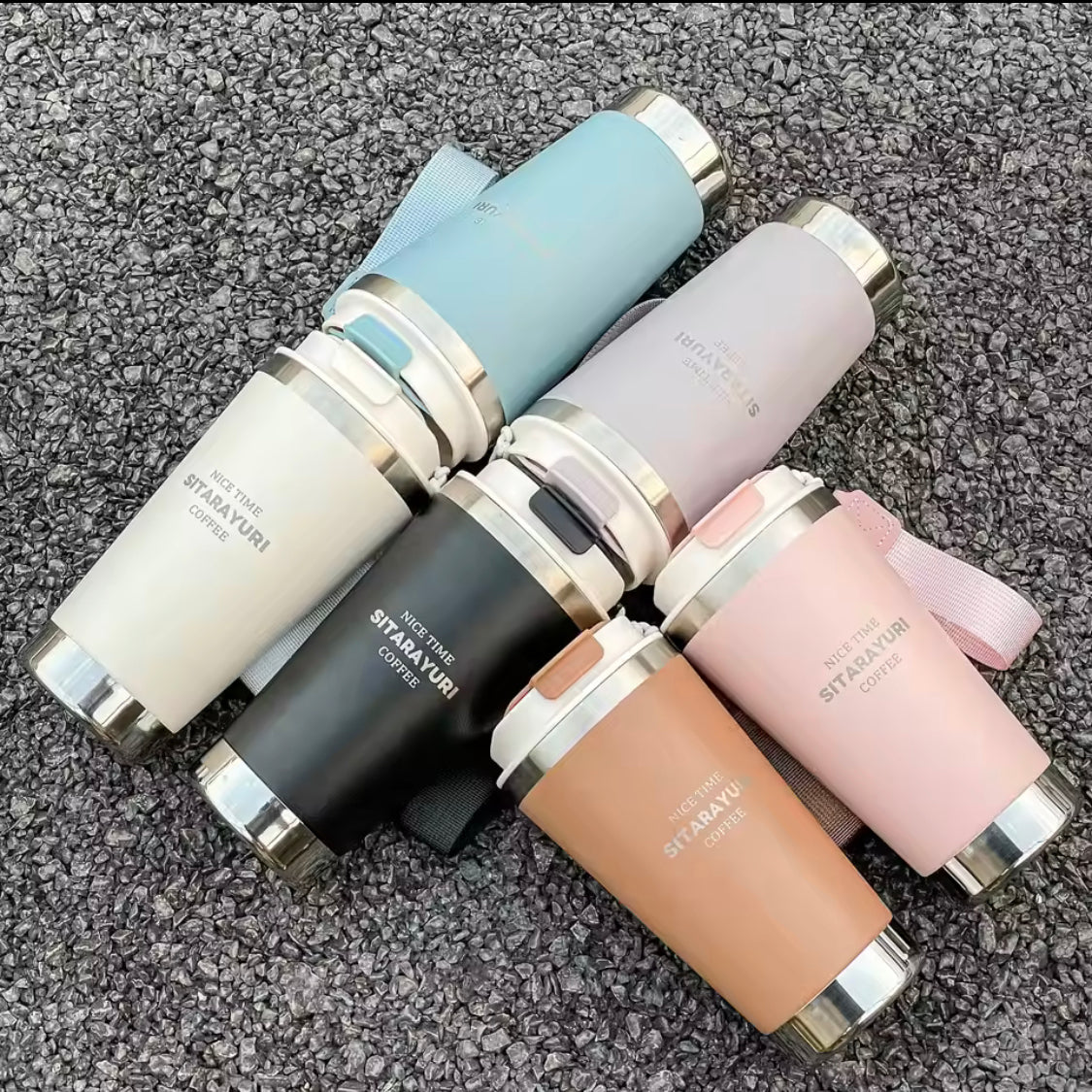 500ml hot and cold water bottle with strap in multiple colors including black, pink, blue, white, and beige