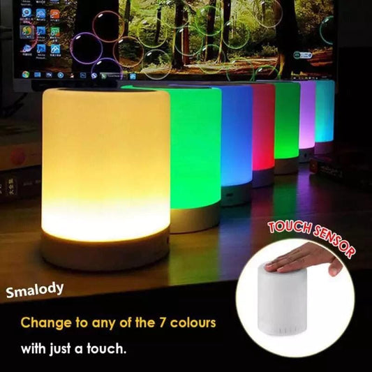 Wireless bluetooth speaker with led lamp showing 7 color options and touch sensor control