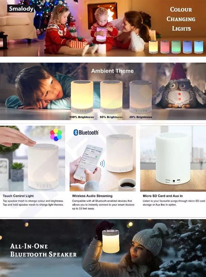Wireless bluetooth speaker with LED lamp featuring color changing lights and touch control for ambient themes