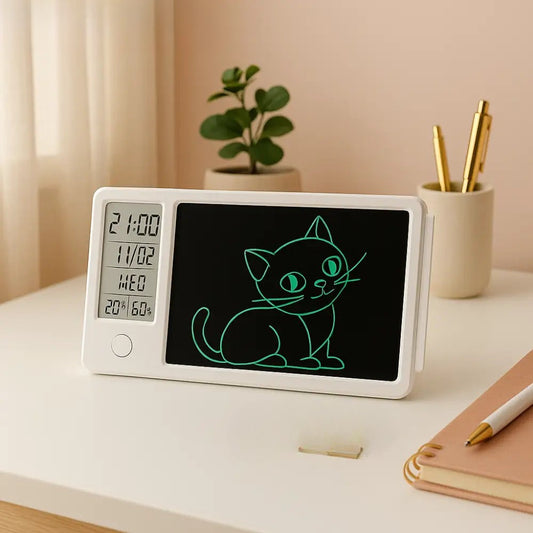 Clarify.pk smart LCD writing tablet with digital clock and temperature display featuring a green cat drawing
