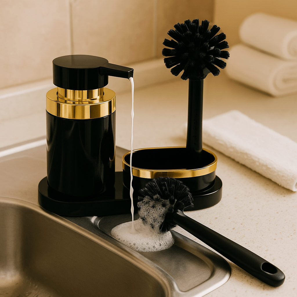 Soap Dispenser with Brush & Holder – Elegant Kitchen & Bathroom Set - Clarify.pk