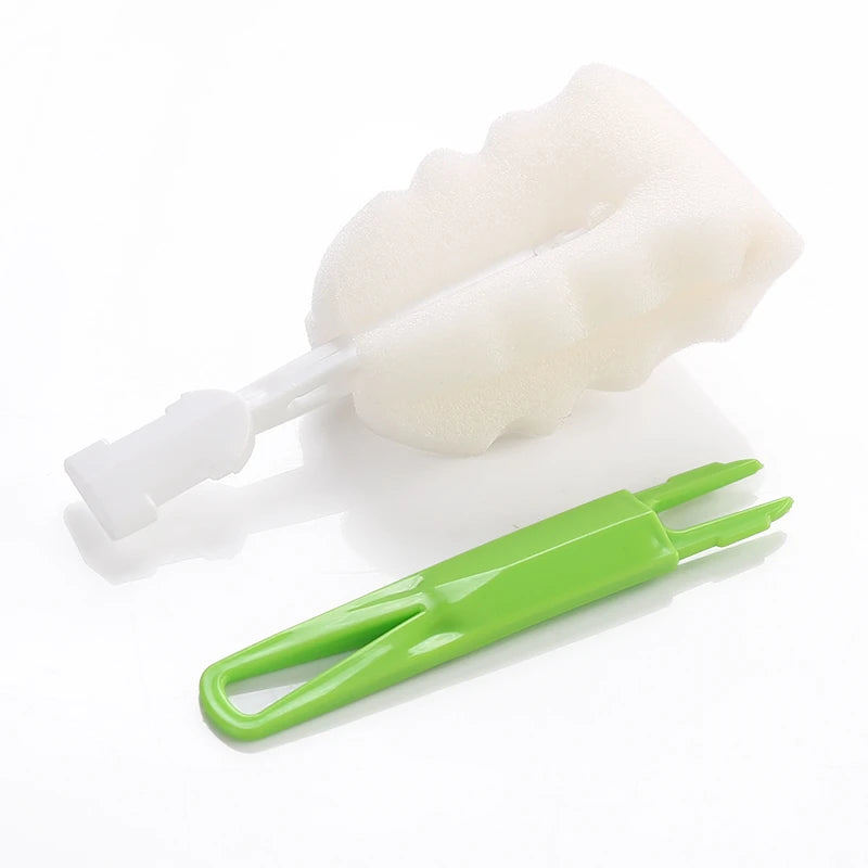 Soft sponge bottle cleaning brush with white foam head and green plastic handle for musical instruments