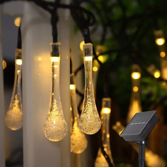 20 bulb decorative fairy lights for home with water drop shaped bulbs and solar panel for outdoor decor