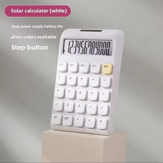White solar step button calculator for students with dual power supply and large display by Clarify.pk