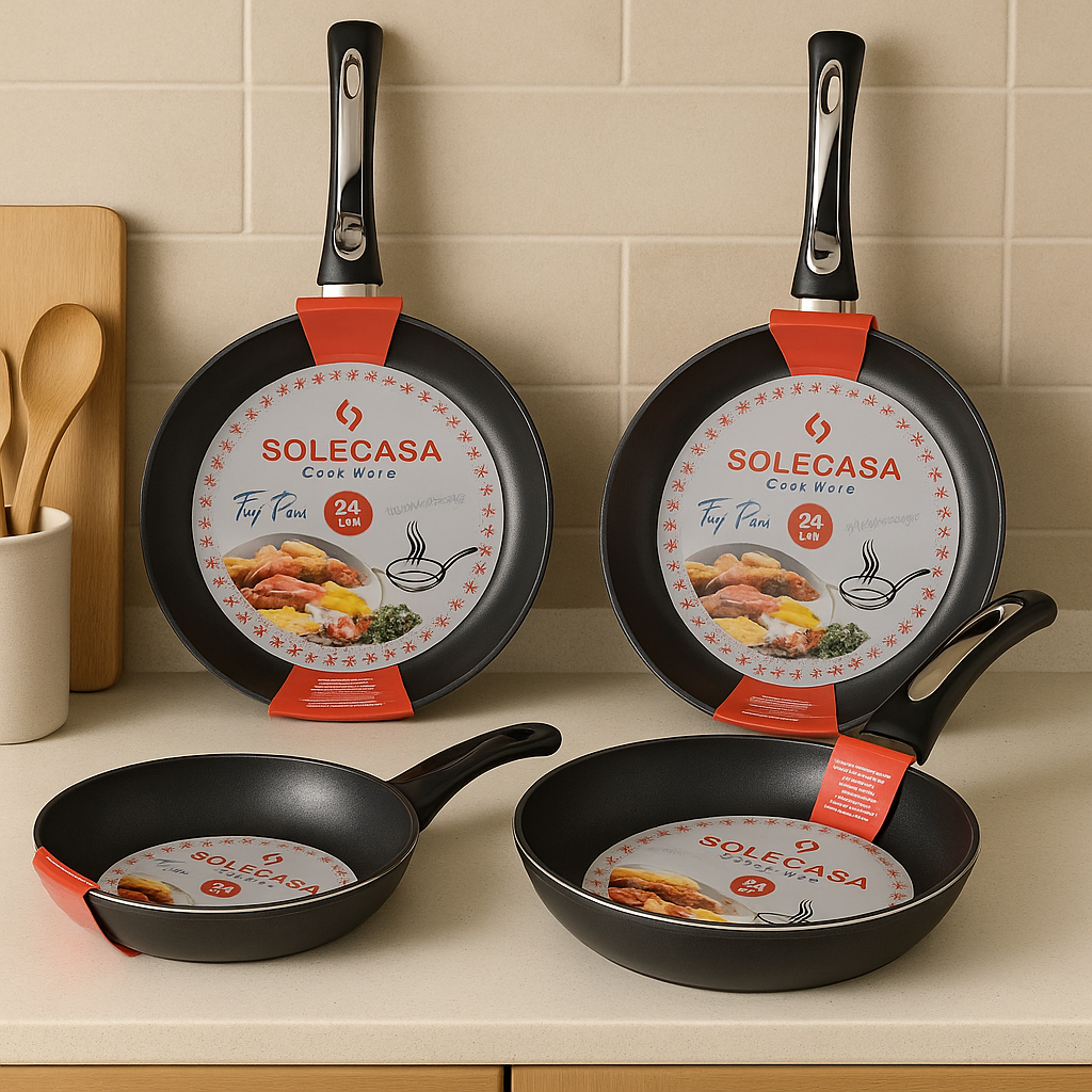 Clarify.pk SoleCasa non stick frying pan set with black handles and orange accents in kitchen setting
