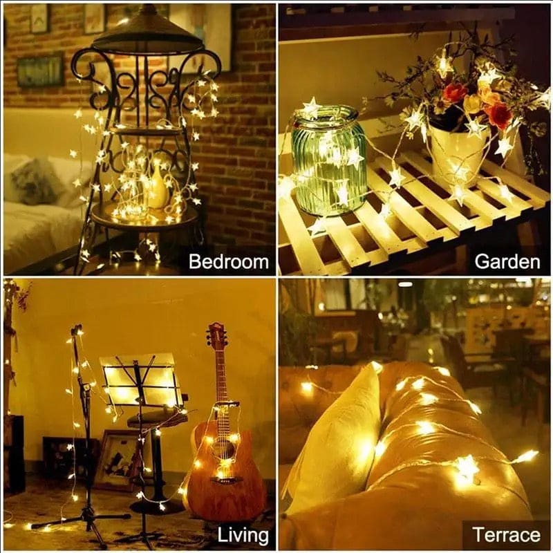 LED star curtain lights for decoration displayed in bedroom, garden, living room, and terrace settings