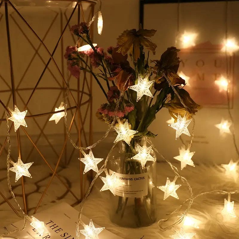 Warm white LED star curtain lights for decoration wrapped around a glass bottle with flowers and cozy background