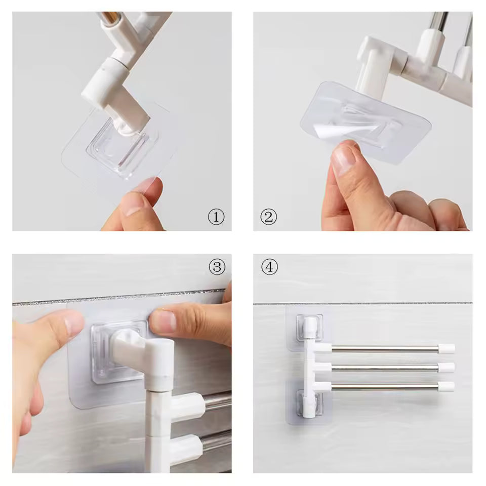 Step-by-step installation of space saving bathroom towel organizer with adhesive mount by Clarify.pk