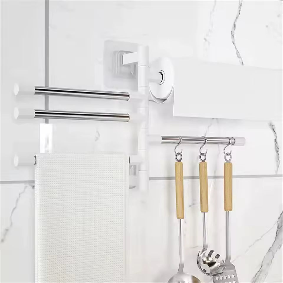 Clarify.pk space saving bathroom towel organizer with stainless steel bars and hooks mounted on white tiled wall