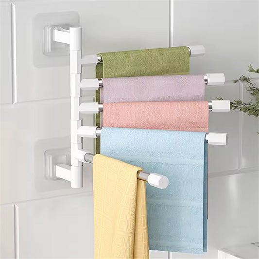 Clarify.pk white towel rack with five arms holding colorful towels space saving bathroom towel organizer