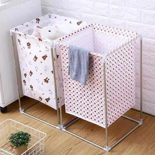 Clarify.pk space saving laundry organizer with two fabric compartments featuring cute bear and star patterns