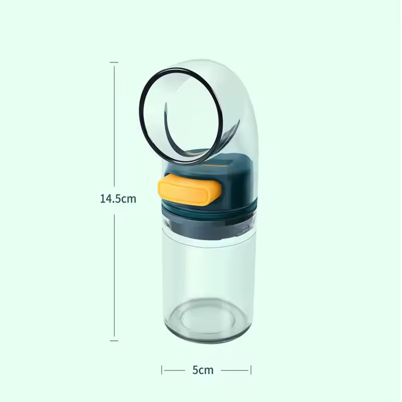 Clarify pk transparent spice bottle with 0.5 gram measurement and yellow button for precise dispensing