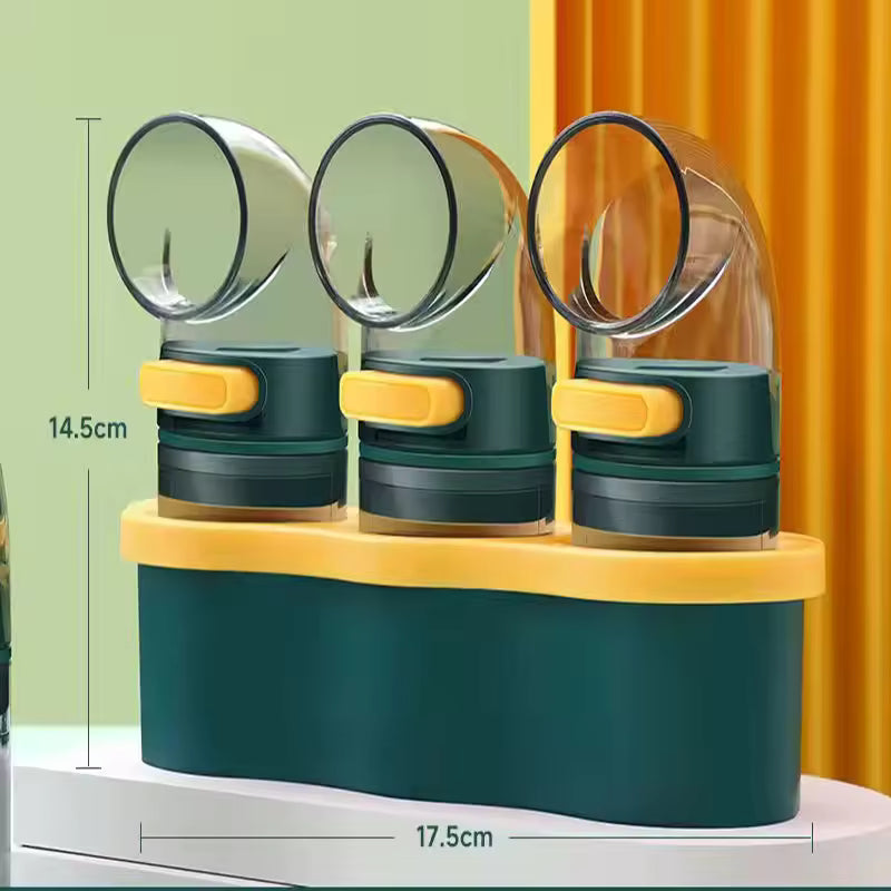 Clarify.pk spice bottle with 0.5 gram measurement set of three green and yellow containers with flip lids and base