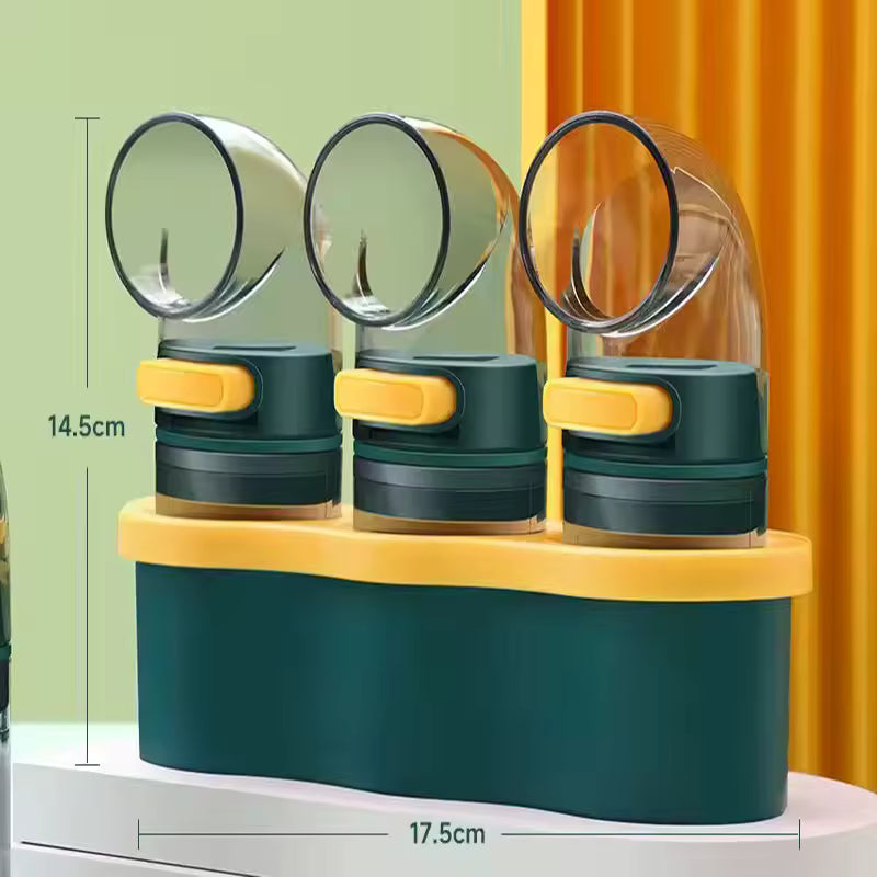 Clarify.pk herb and spice tool set with three spice bottles featuring 0.5 gram measurement markings
