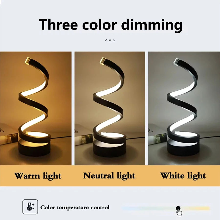 Clarify.pk spiral LED table lamp with modern spiral design featuring warm, neutral, and white light dimming