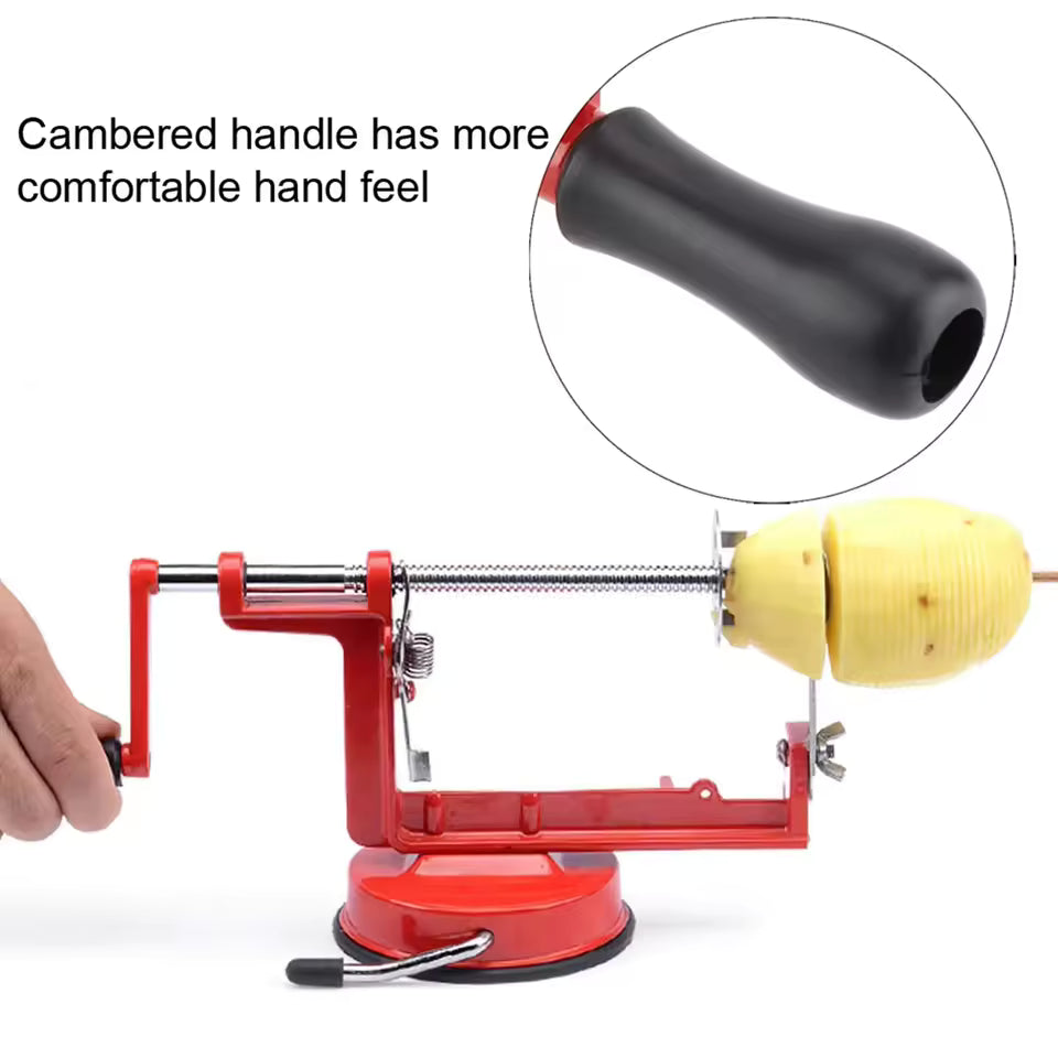 Clarify.pk spiral vegetable slicer manual with red base and black cambered handle peeling a potato