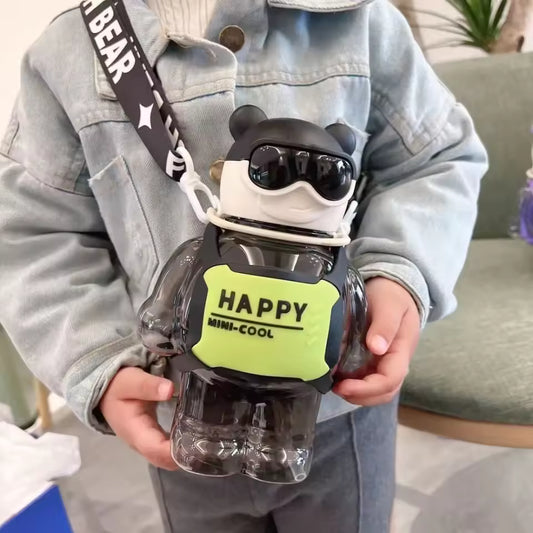 800ml Sports Water Bottle With Straw designed as a black and clear bear with sunglasses and a happy mini-cool label