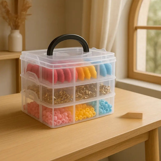 Clarify.pk stackable craft storage box with multiple compartments filled with colorful beads and jewelry findings