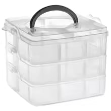 Clarify.pk stackable craft storage box with clear compartments and black handle for easy organization