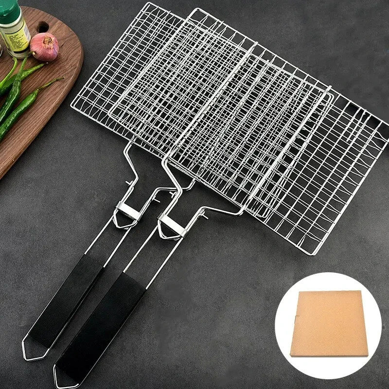 Clarify.pk stainless steel BBQ grill with black handles and grid design for outdoor cooking