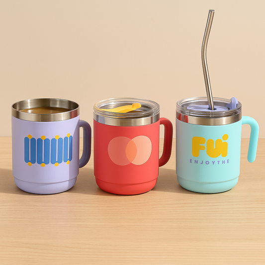 Colorful stainless steel cup set with handles and lids including a stainless steel straw on the right cup