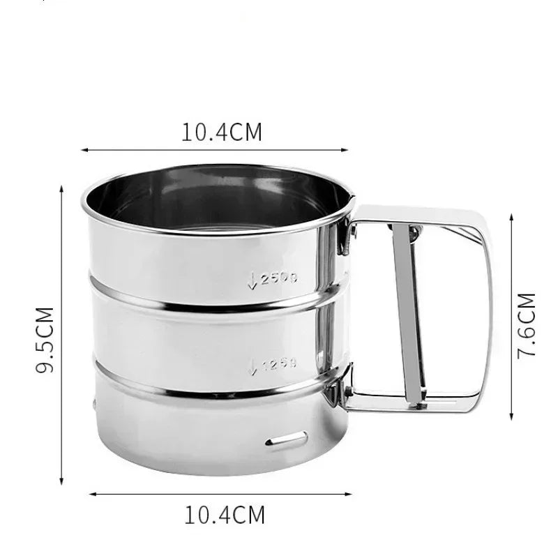 Clarify.pk stainless steel flour sieve with handle and measurement markings for precise sifting