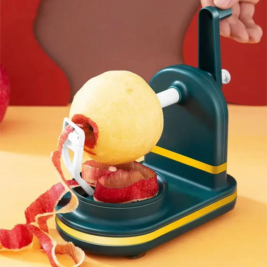 Clarify.pk stainless steel fruit peeler machine peeling an apple with manual hand crank