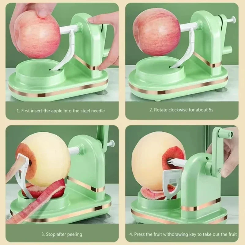 Clarify.pk stainless steel fruit peeler machine in green showing step-by-step apple peeling process