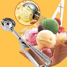 Clarify.pk stainless steel ice cream scoop with ergonomic handle scooping multiple ice cream flavors