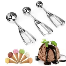 Set of three stainless steel ice cream scoop utensils with ergonomic handles by Clarify.pk