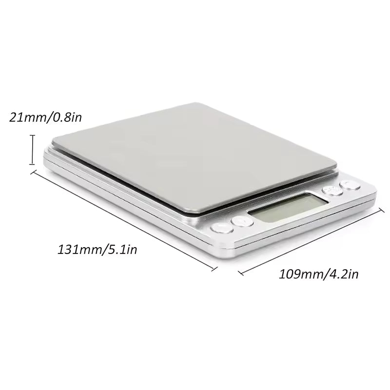 Compact stainless steel kitchen weighing scale with digital display and control buttons