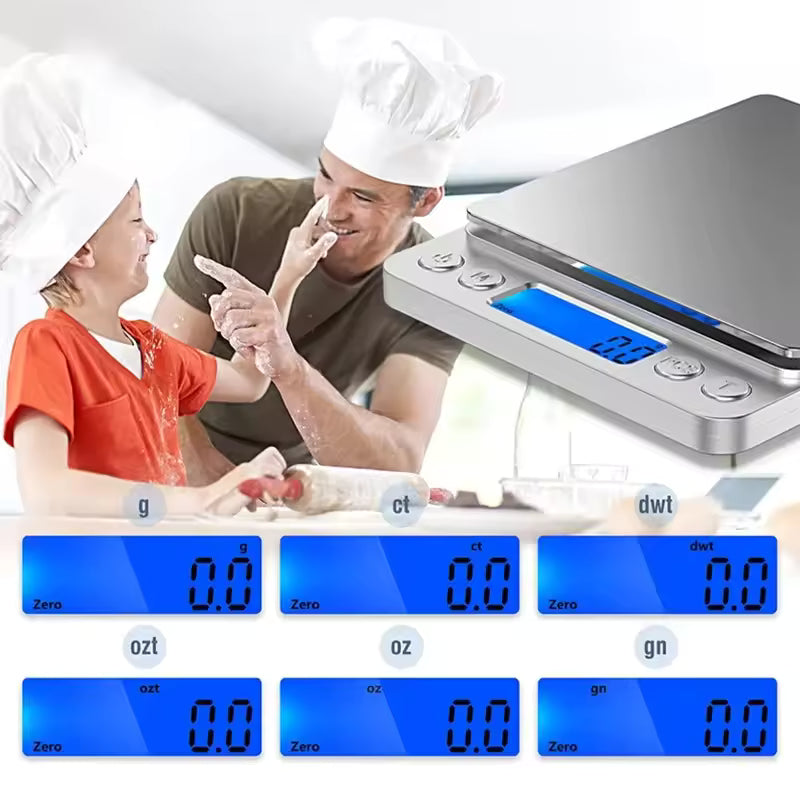 Stainless steel kitchen weighing scale with blue backlit display showing different weight units and family baking together