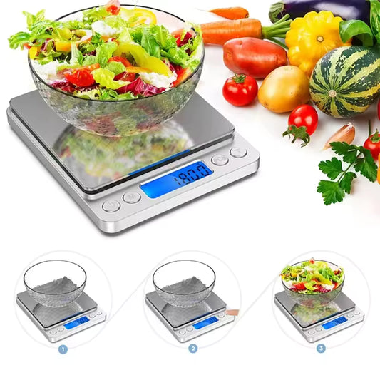 Clarify.pk stainless steel kitchen weighing scale with digital display weighing a bowl of fresh salad