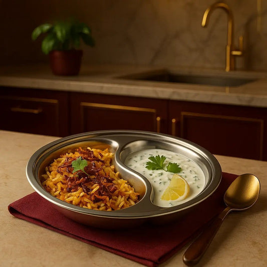 Clarify.pk stainless steel partition plate with two compartments holding rice and yogurt sauce on kitchen counter
