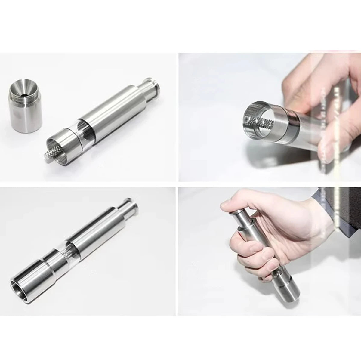 Stainless steel pepper grinder disassembled and in hand showing grinding mechanism by Clarify.pk
