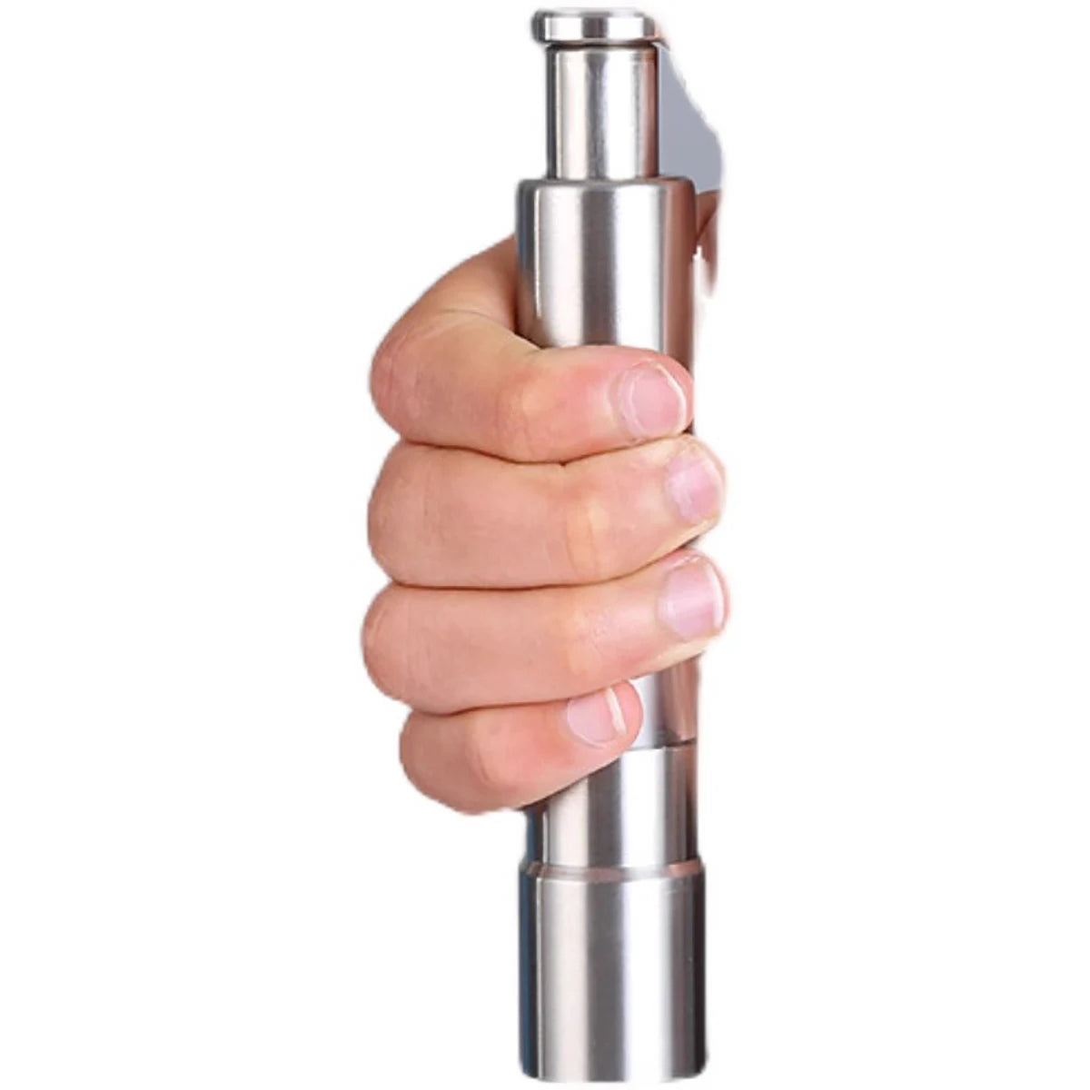 Hand holding a sleek stainless steel pepper grinder with a modern cylindrical design