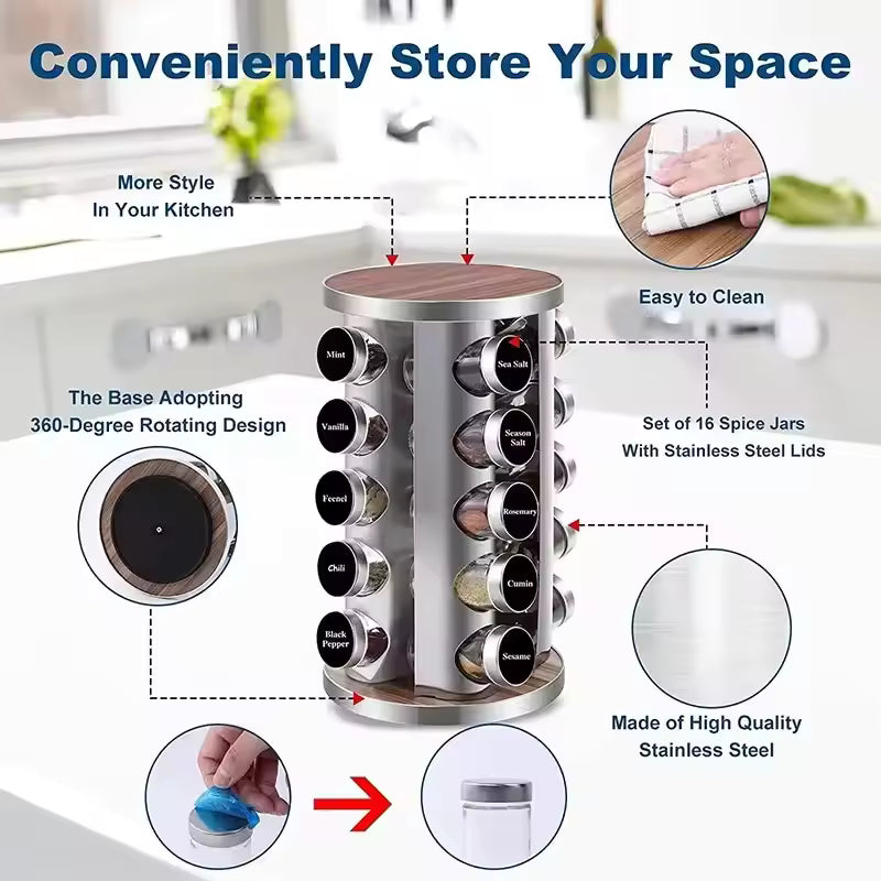 Clarify pk stainless steel rotating spice rack with 16 jars and 360 degree rotating design