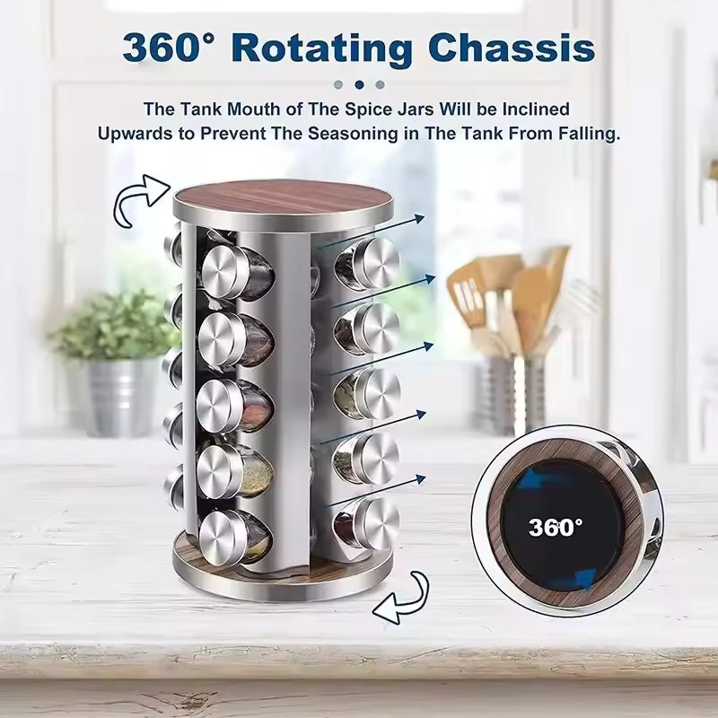 Clarify.pk stainless steel rotating spice rack with 360 degree rotating chassis and wooden top