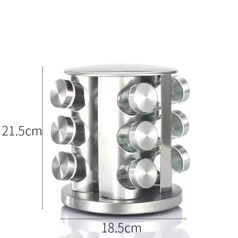 Clarify pk stainless steel rotating spice rack with 12 glass jars and compact rotating design