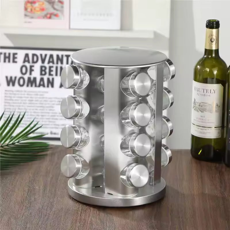 Clarify.pk stainless steel rotating spice rack with multiple glass jars for herb and spice storage