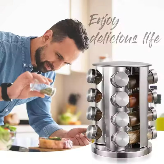 Stainless steel rotating spice rack with multiple jars for organized kitchen storage by Clarify.pk