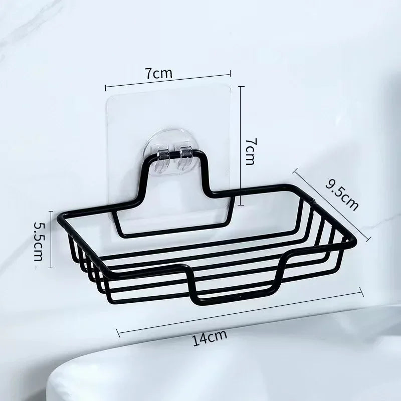 Black stainless steel soap dish with wall mount and suction cup measuring 14 by 9.5 centimeters