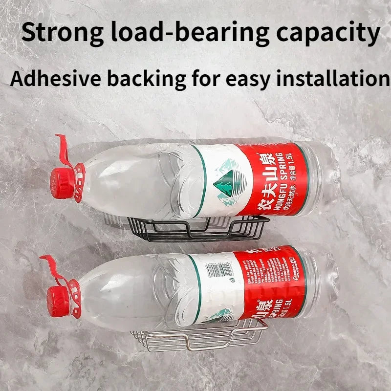 Stainless steel soap dish with strong load-bearing capacity holding two large water bottles on adhesive backing