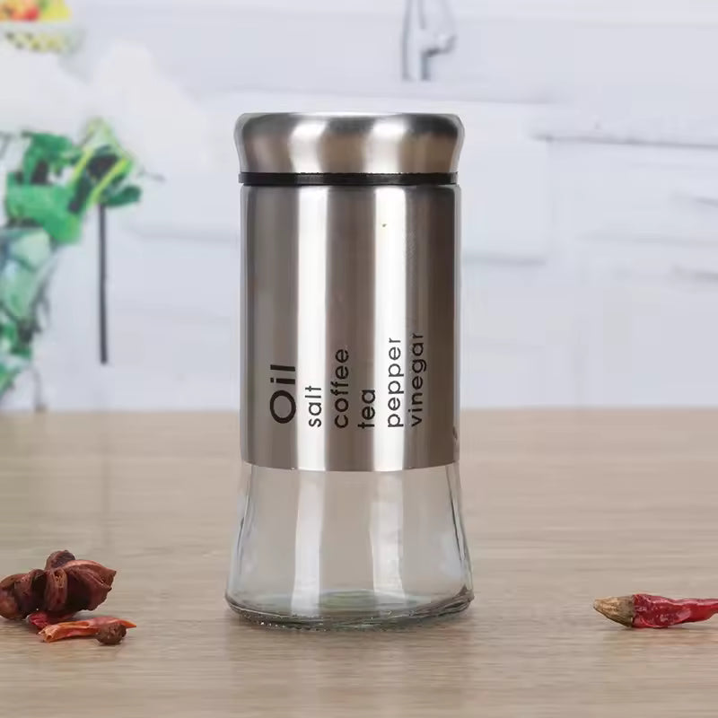 Clarify.pk kitchen spice jar container with stainless steel top and clear glass body for oil salt pepper storage